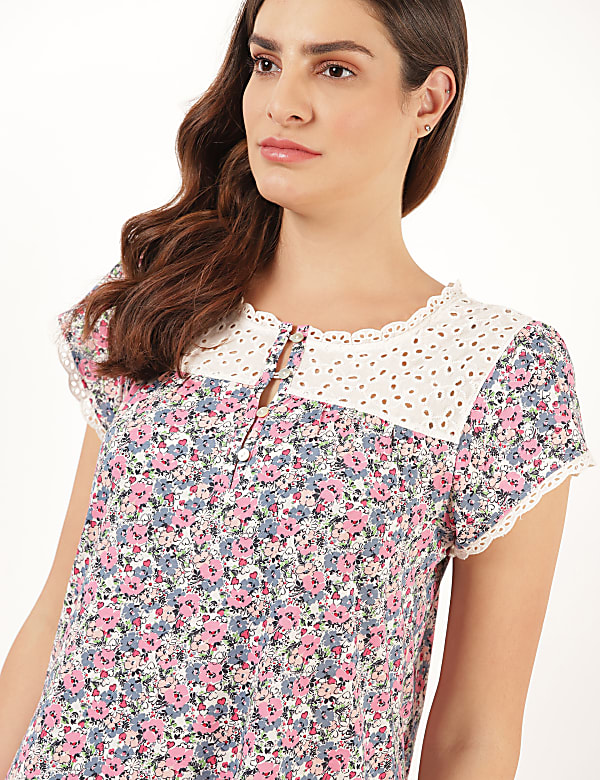 Pure Cotton Floral Round Neck Night Dress