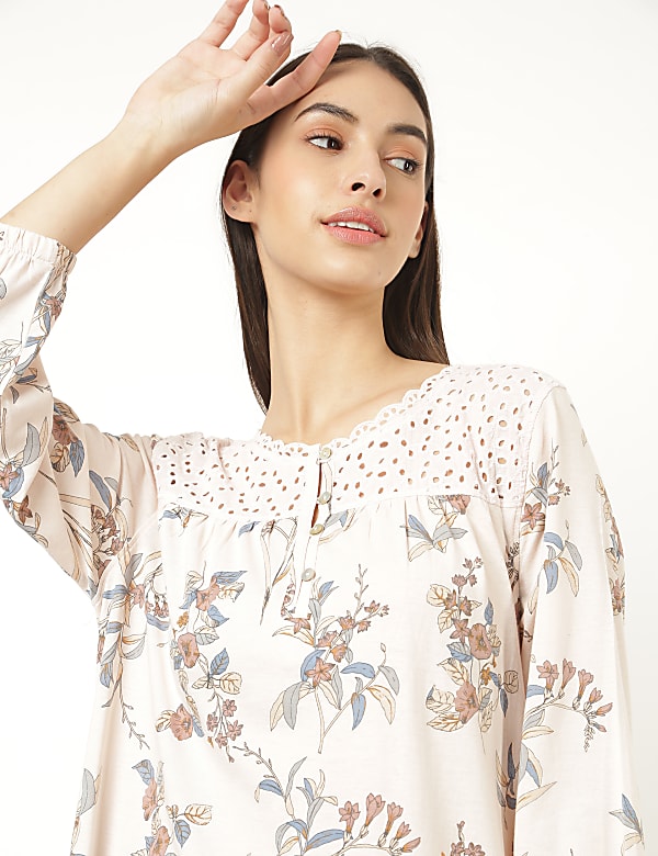Pure Cotton Floral Round Neck Nightdress
