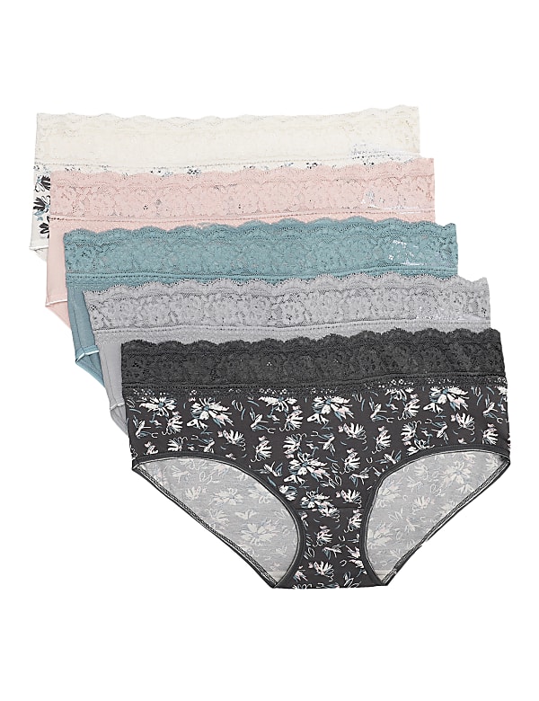 5Pk Lace Waist Midi Floral Knickers - GR