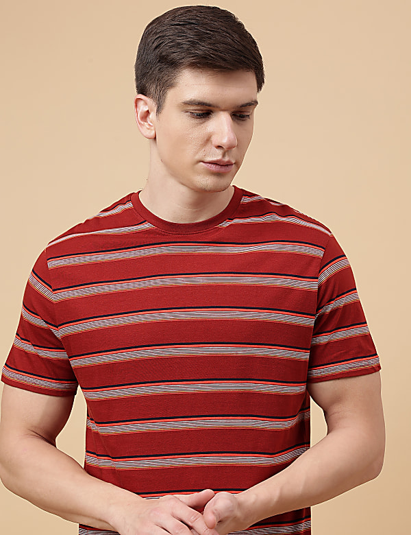 Set of 2 Pure Cotton Striped T-Shirt with Drawstring Shorts