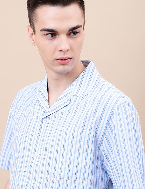 Cotton Mix Striped Lapel Collar Shirt