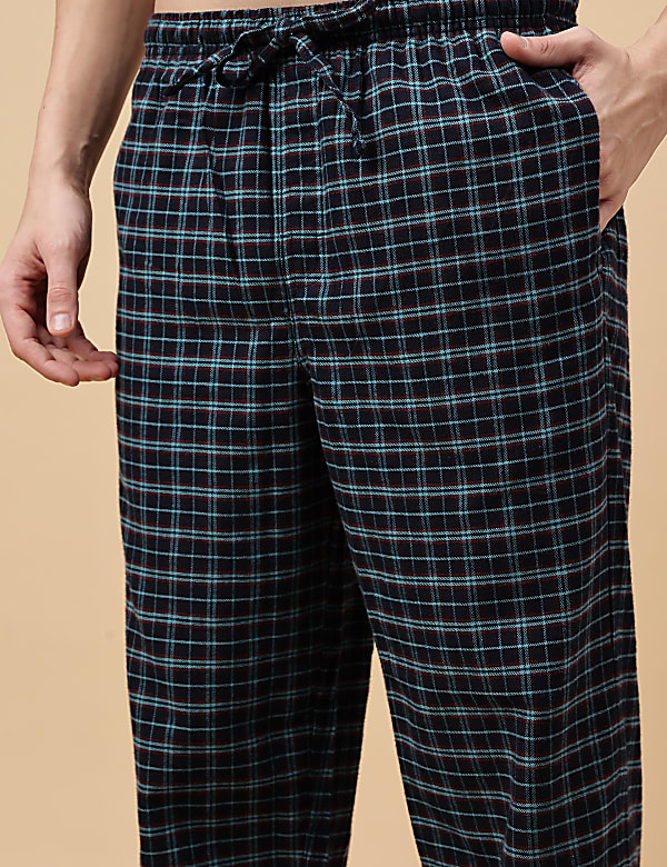 Set of 2 Pure Cotton Full Sleeve T-Shirt with Checked Drawstring Pajamas
