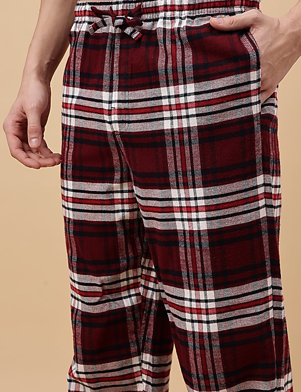 Set of 2 Pure Cotton Full Sleeve T-Shirt with Plaid Drawstring Pajamas