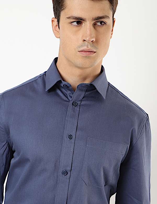 Pure Cotton Plain Spread Collar Shirt
