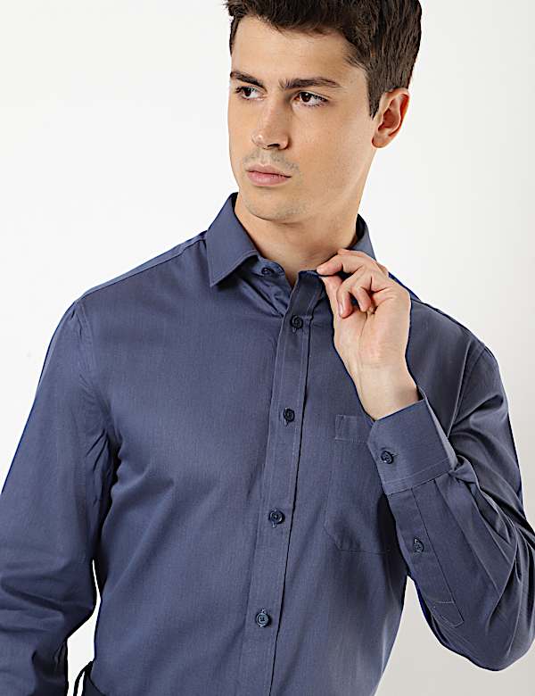 Pure Cotton Plain Spread Collar Shirt