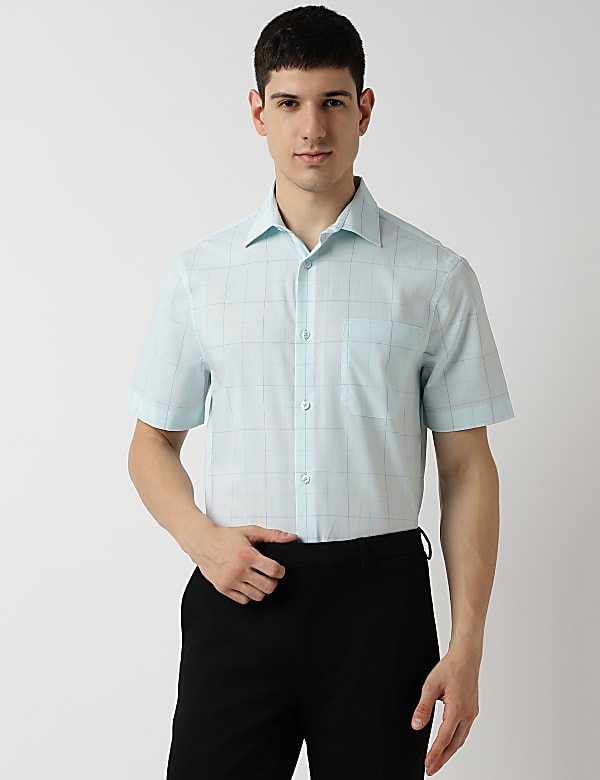 Cotton Rich Checks Spread Collar Shirt