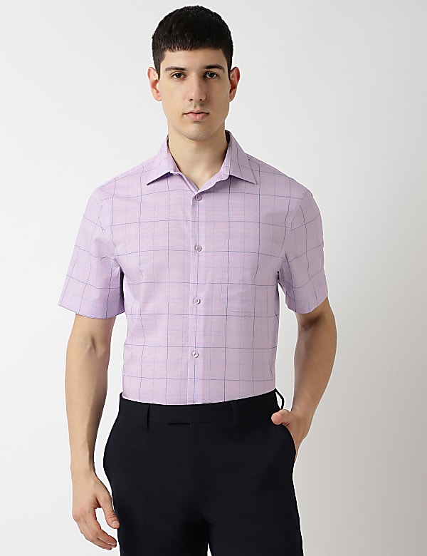 Cotton Rich Checks Spread Collar Shirt