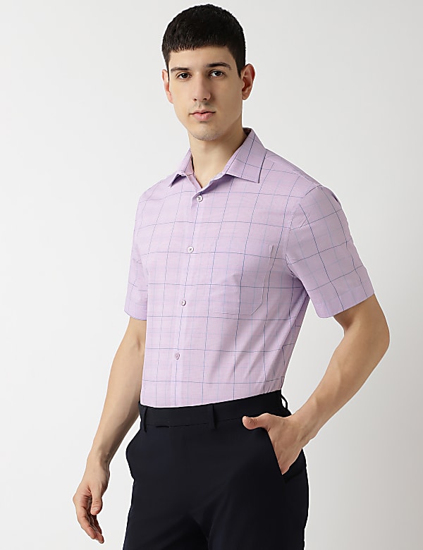 Cotton Rich Checks Spread Collar Shirt