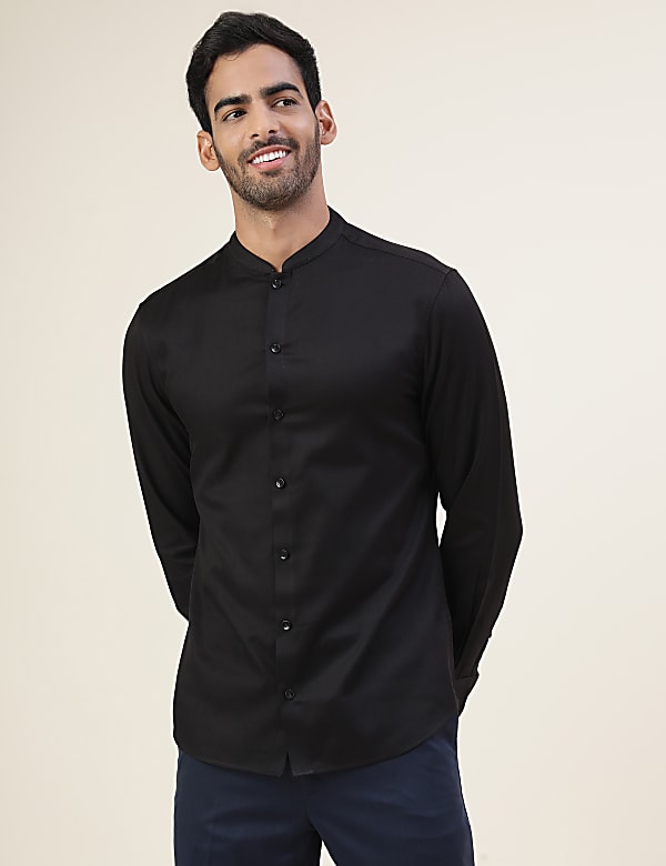 Premium Texture Grandad Collar Slim Fit Shirt With Cuff Detailing