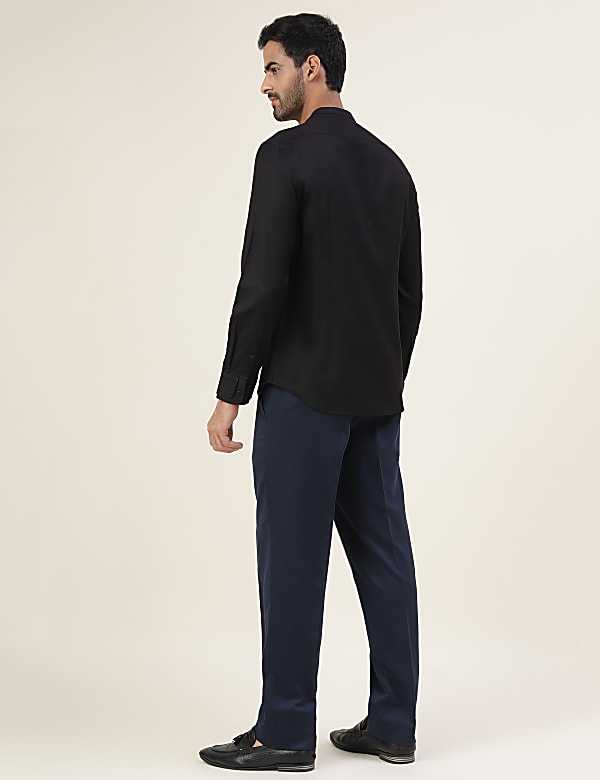 Premium Texture Grandad Collar Slim Fit Shirt With Cuff Detailing