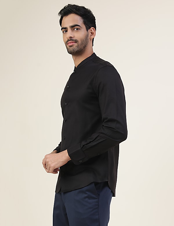 Premium Texture Grandad Collar Slim Fit Shirt With Cuff Detailing