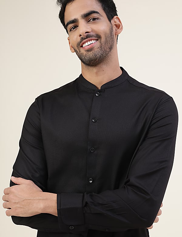 Premium Texture Grandad Collar Slim Fit Shirt With Cuff Detailing