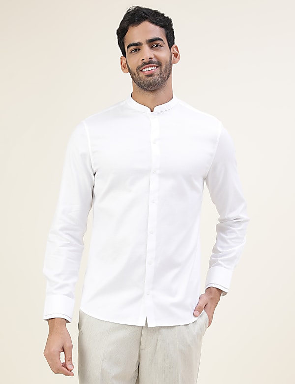 Premium Texture Grandad Collar Slim Fit Shirt With Cuff Detailing
