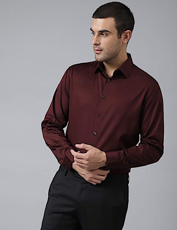 Cotton Mix Plain Spread Collar Shirt