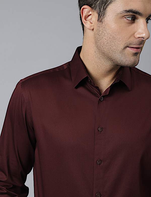 Cotton Mix Plain Spread Collar Shirt