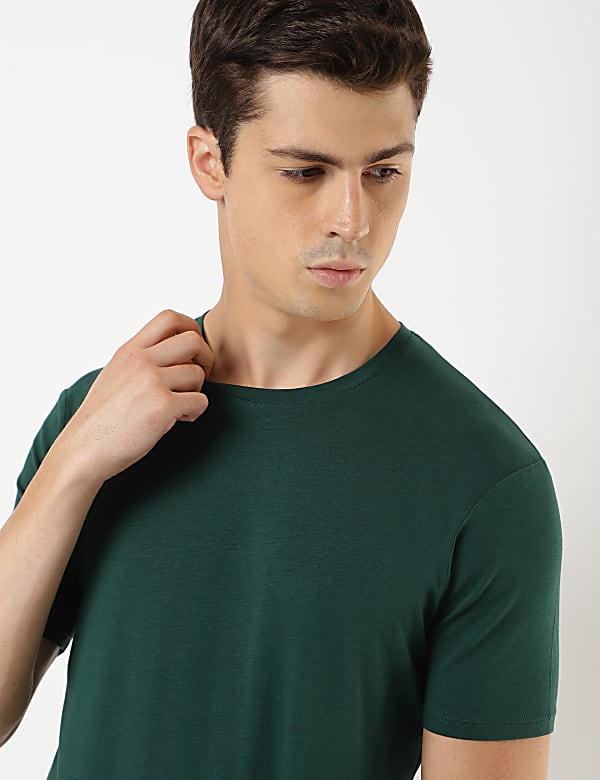 Cotton Blend Round Neck Solid T-Shirt