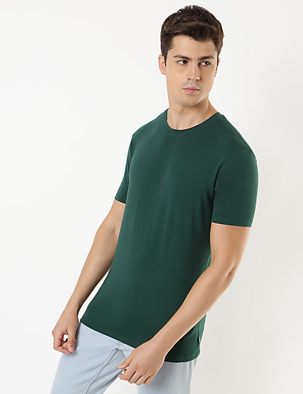 Cotton Blend Round Neck Solid T-Shirt