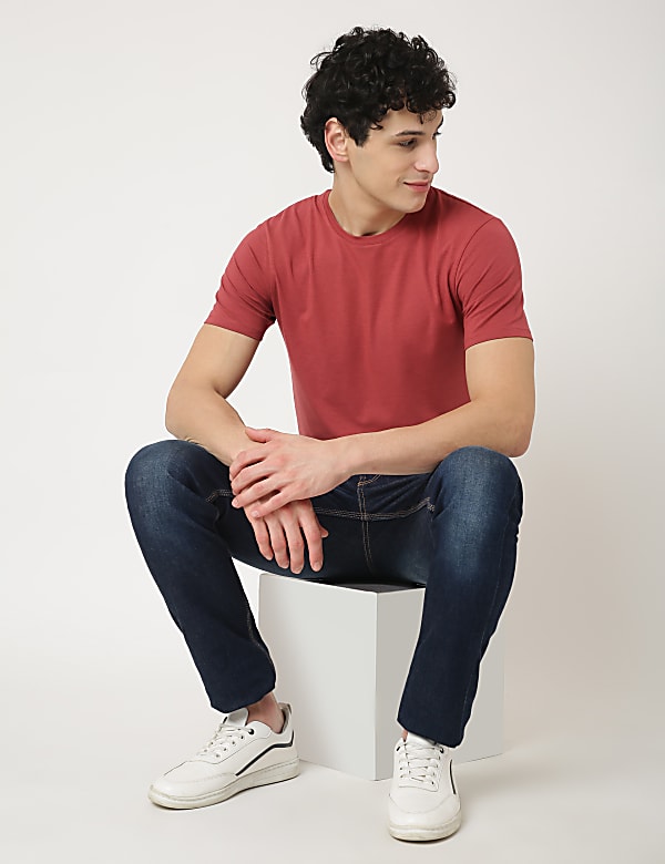 Cotton Blend Round Neck Solid T-Shirt