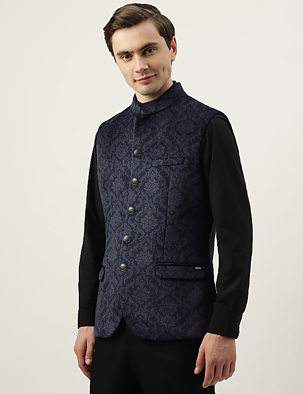 Printed Mandarin Collar Waistcoat