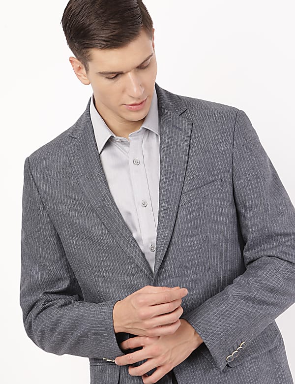 Linen Mix Striped Lapel Collar Blazer