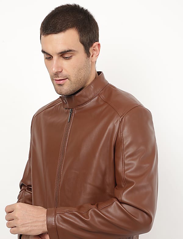 Faux Leather Funnel Neck Jacket