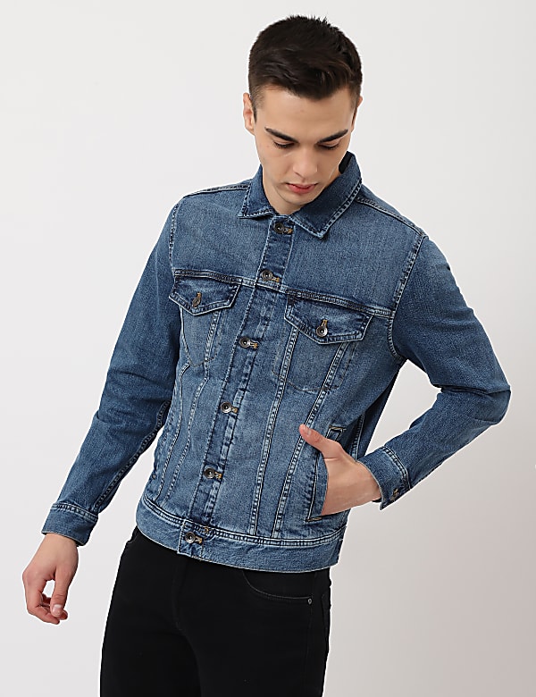 Cotton Mix Plain Spread Collar Denim Jacket