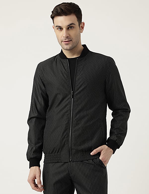 Slim Fit Striped High Neck Jacket