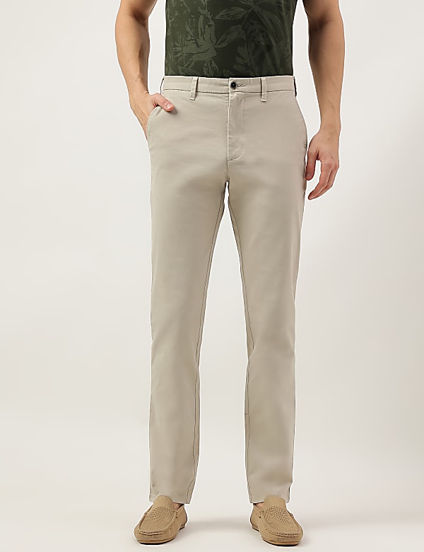 Slim Fit Cotton Rich Solid Trousers
