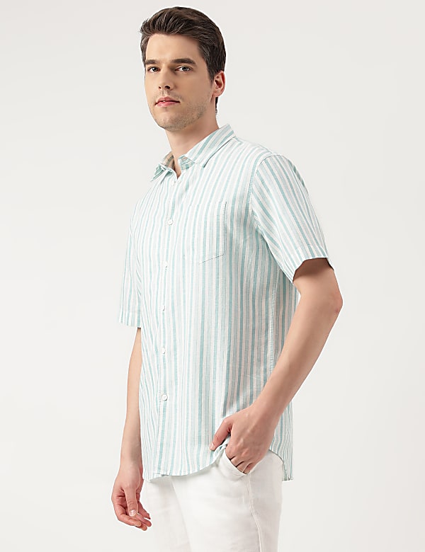 Linen Blend Leaves Spread Collar Shirt