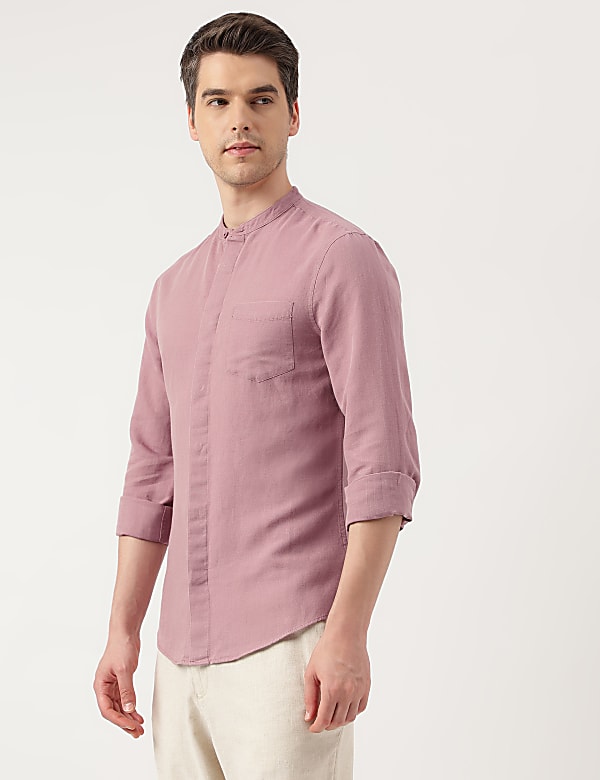 Linen Blend Solid Mandarin Neck Shirt