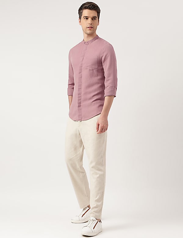 Linen Blend Solid Mandarin Neck Shirt