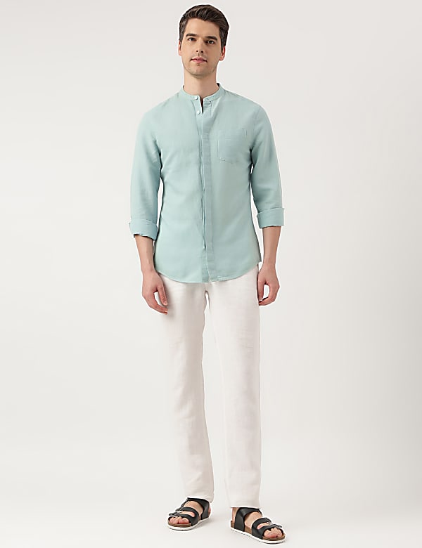 Linen Blend Solid Mandarin Neck Shirt