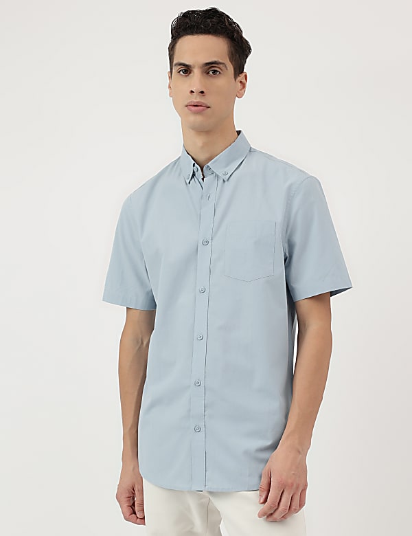 Pure Cotton Plain Button Down Collar Shirt