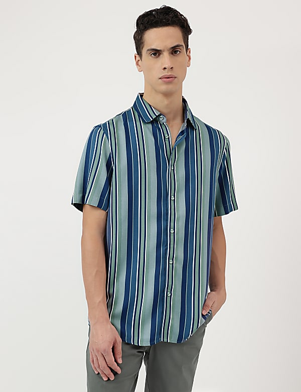 Pure Viscose Stripes Spread Collar Shirt