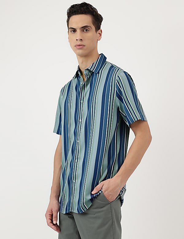Pure Viscose Stripes Spread Collar Shirt