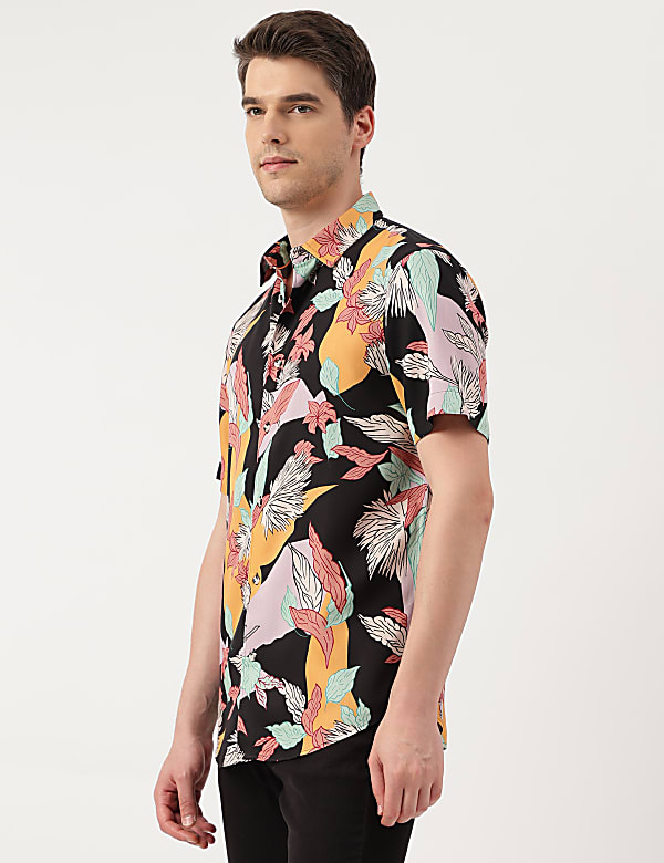 Viscose Leaves Print Spread Collar Shirt