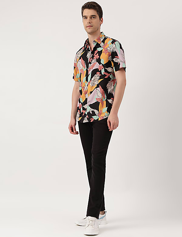 Viscose Leaves Print Spread Collar Shirt