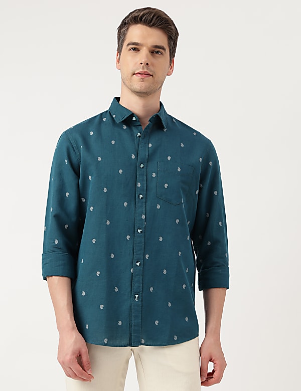 Linen Blend Paisley Spread Collar Shirt