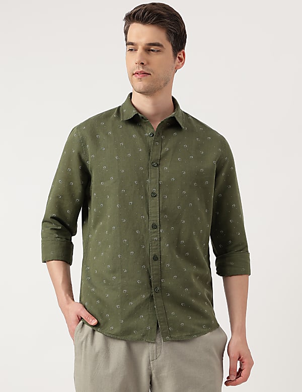 Linen Blend Printed Spread Collar Shirt