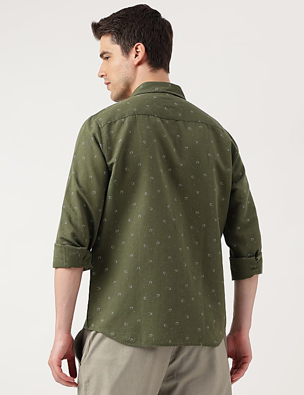 Linen Blend Printed Spread Collar Shirt