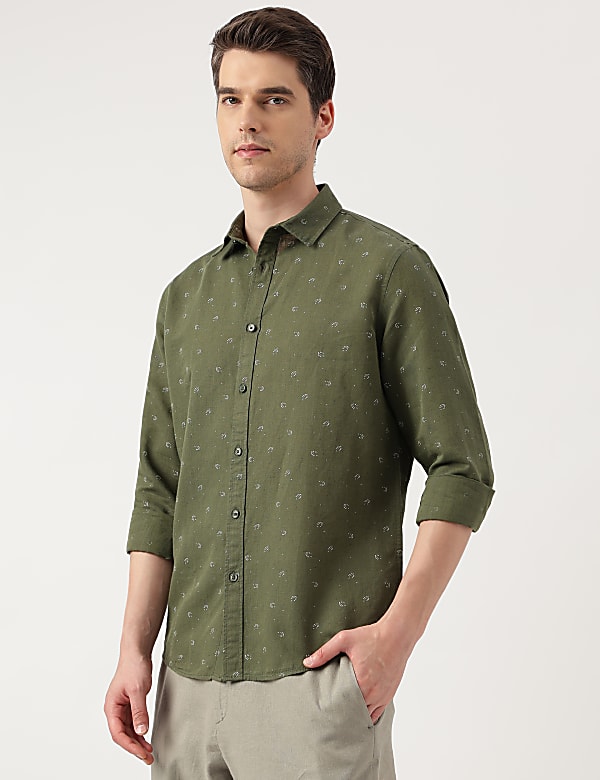 Linen Blend Printed Spread Collar Shirt