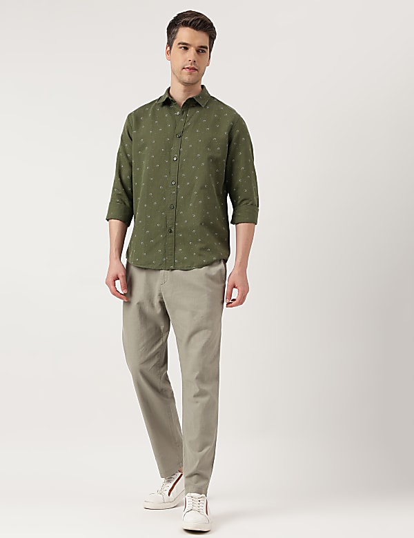 Linen Blend Printed Spread Collar Shirt