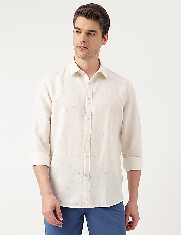 Linen Blend Printed Spread Collar Shirt