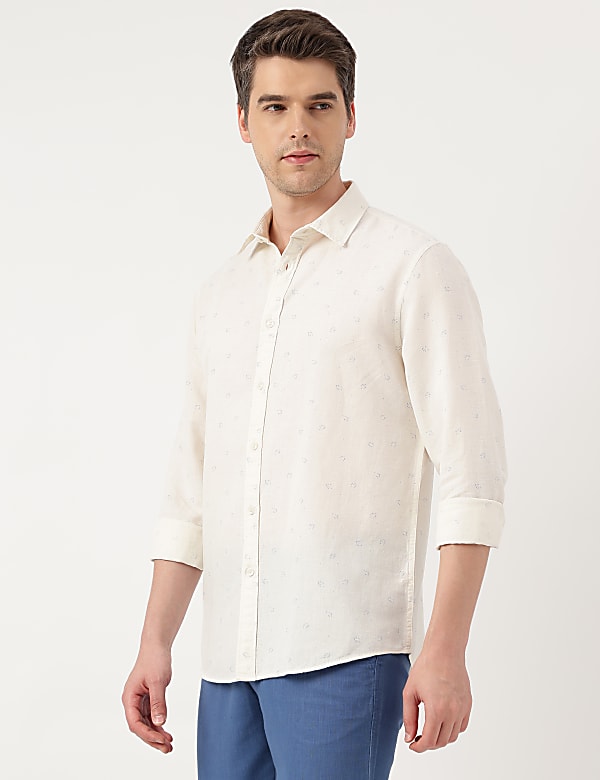 Linen Blend Printed Spread Collar Shirt