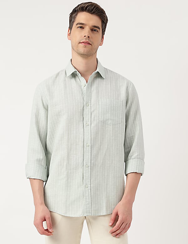 Linen Blend Striped Spread Collar Shirt