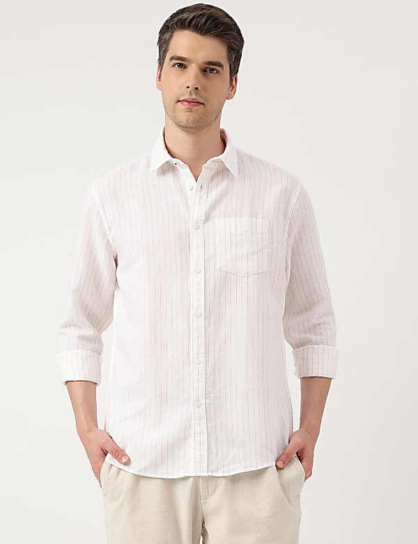 Linen Blend Striped Spread Collar Shirt