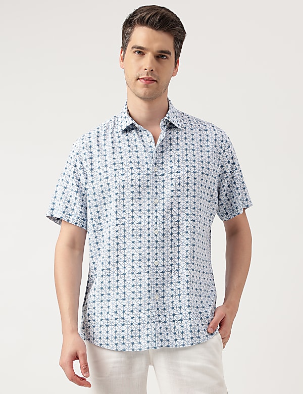 Linen Blend Printed Spread Collar Shirt