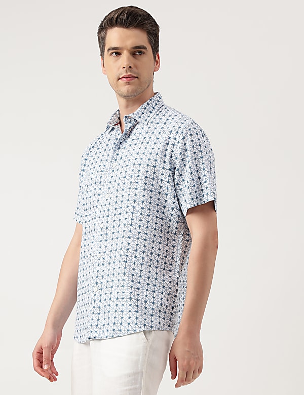 Linen Blend Printed Spread Collar Shirt