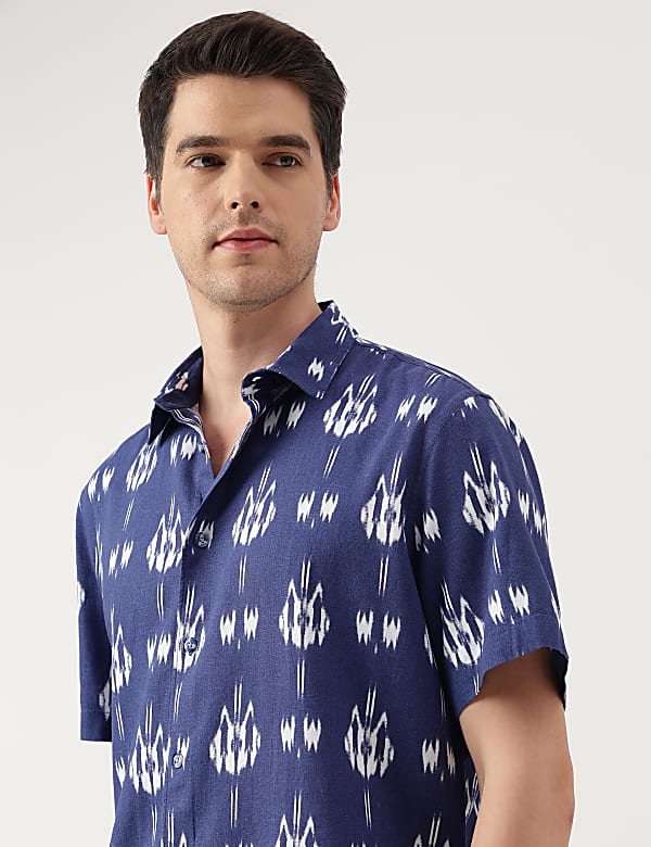 Linen Blend Printed Spread Collar Shirt