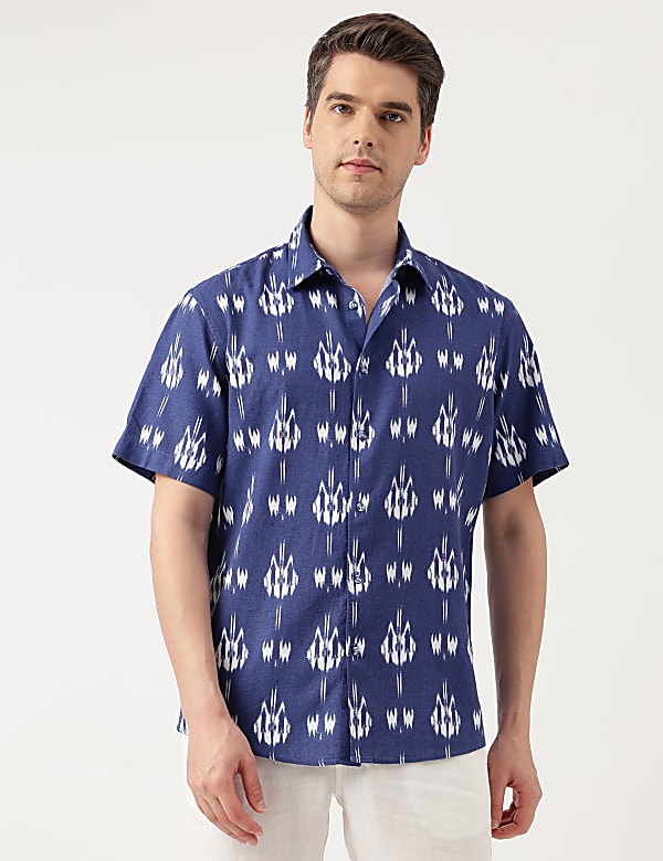 Linen Blend Printed Spread Collar Shirt